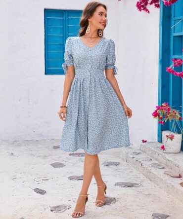 Floral V-neck Puff-Sleeve Bow-Trimmed Half-Buttoned Waist-Cinched Dress