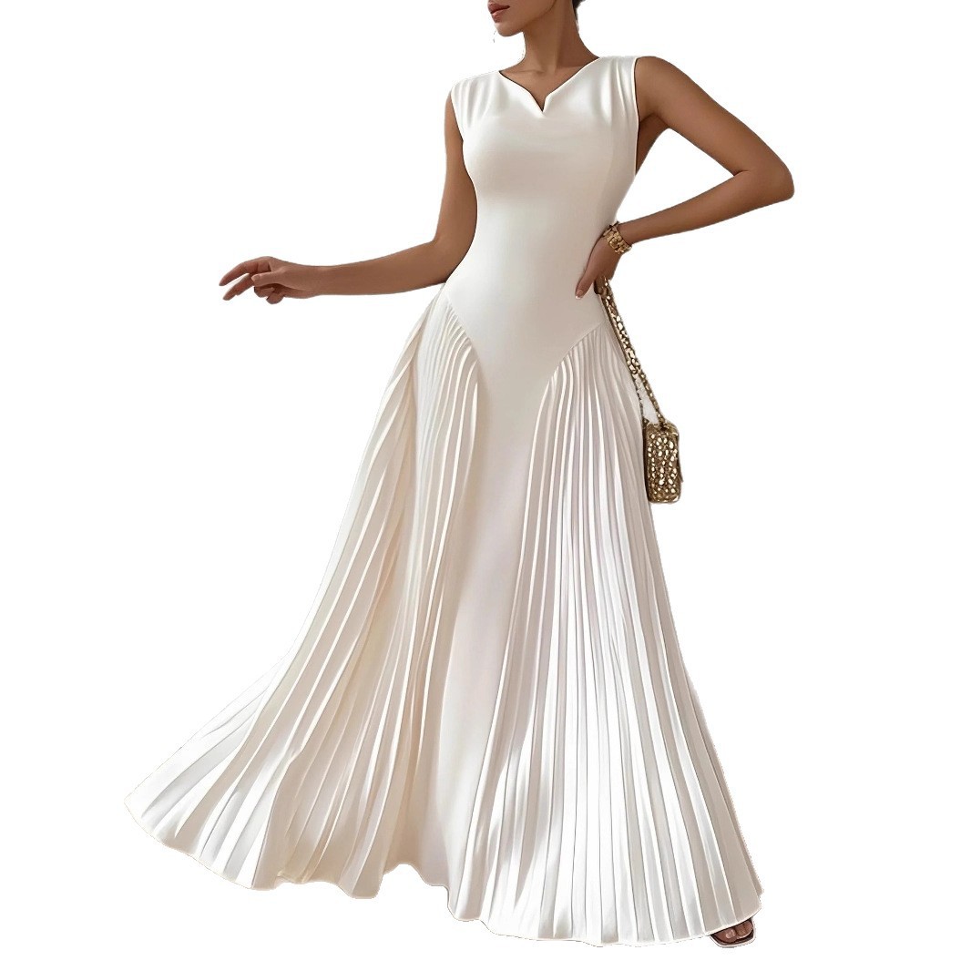 European And American-style Elegant Pleated Waist-cinching Maxi Dress - Image 3