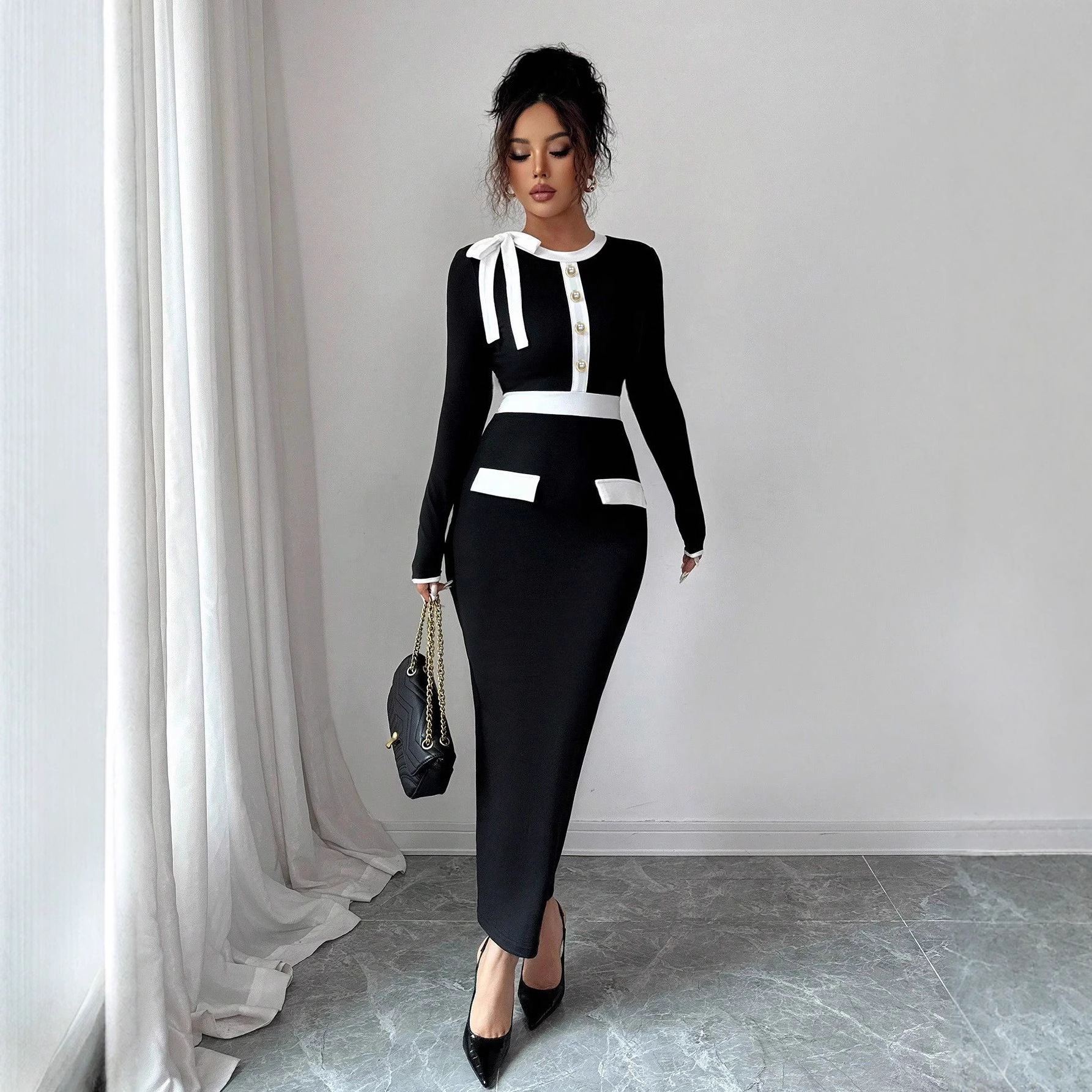 Black And White Womens Dress With Polyester Patchwork - Image 5