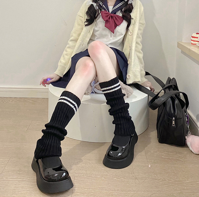 Womens Knitted Striped Black Over-the-Knee Socks - Image 7