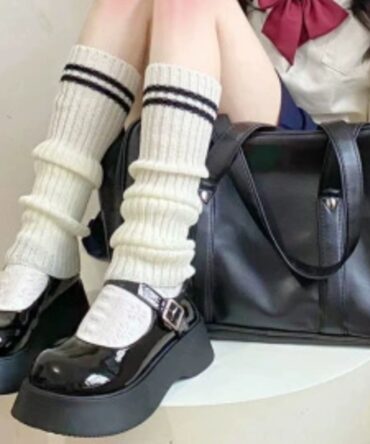 Womens Knitted Striped Black Over-the-Knee Socks