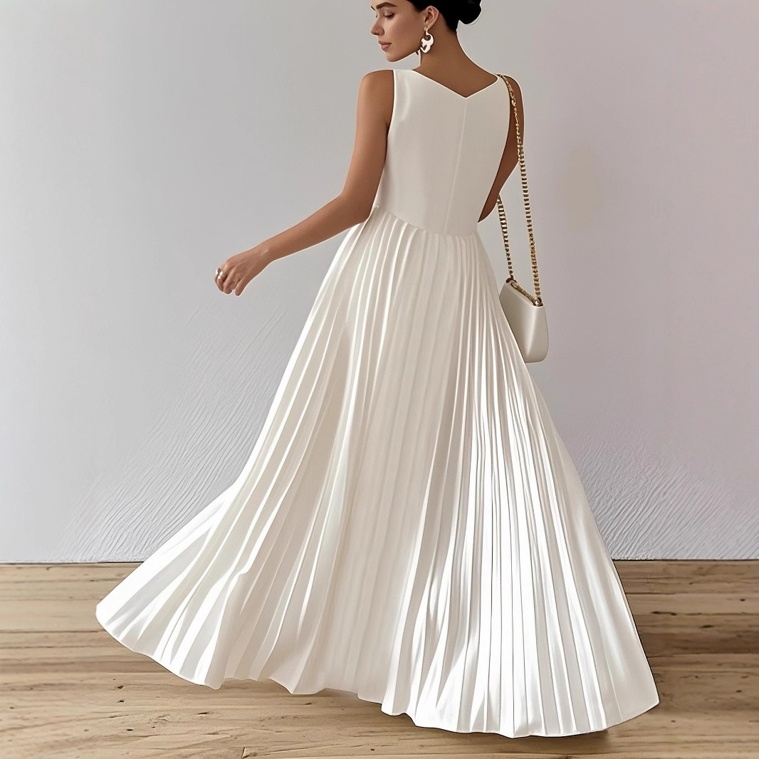 European And American-style Elegant Pleated Waist-cinching Maxi Dress - Image 2