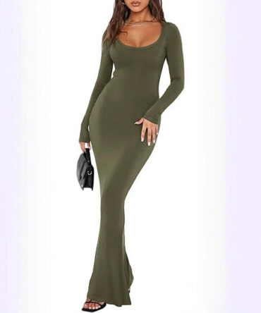 Soft Casual Long Dress With A Square Neckline And Long Sleeves