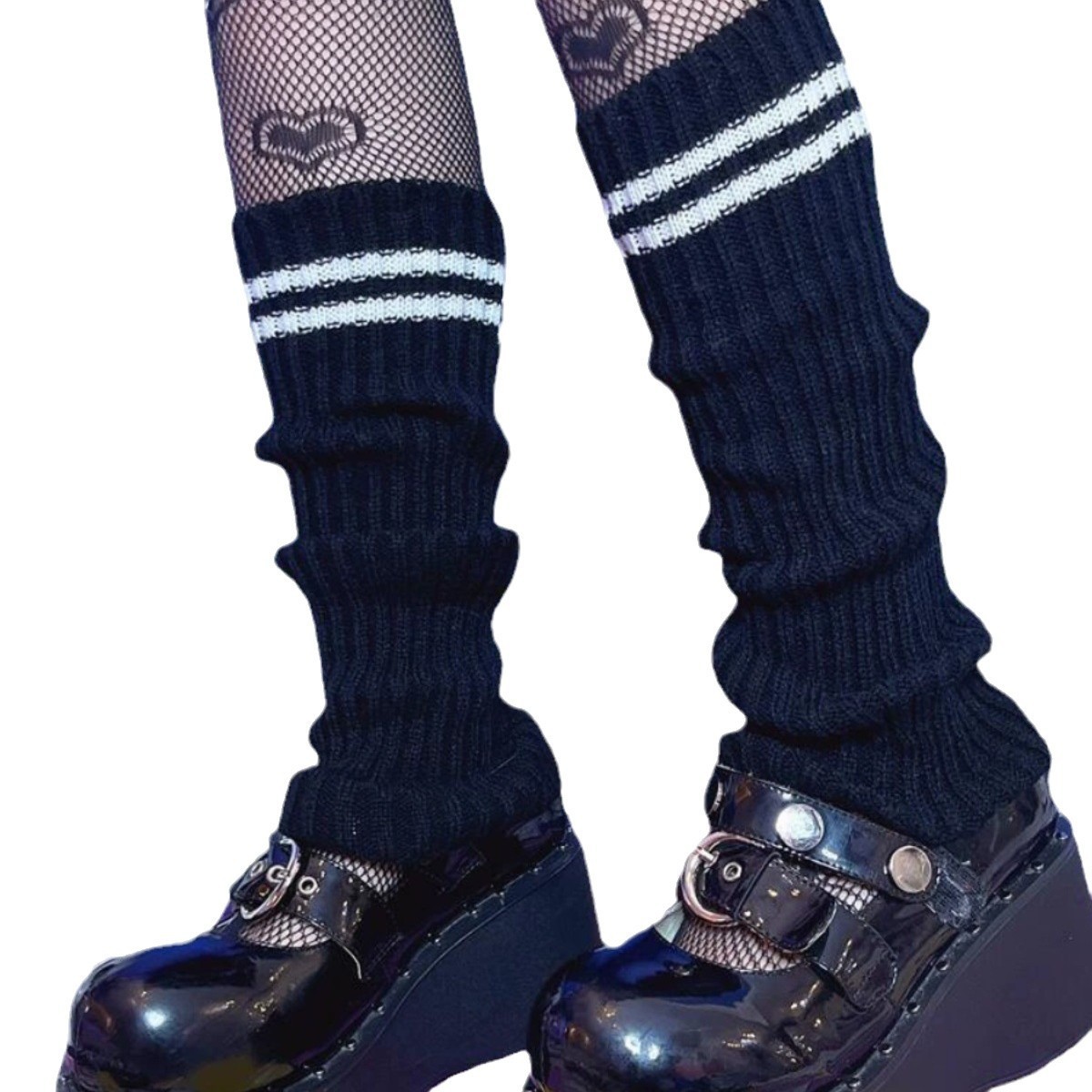 Womens Knitted Striped Black Over-the-Knee Socks - Image 5