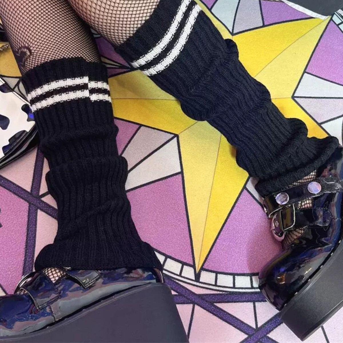 Womens Knitted Striped Black Over-the-Knee Socks - Image 3