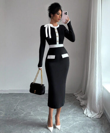 Black And White Womens Dress With Polyester Patchwork