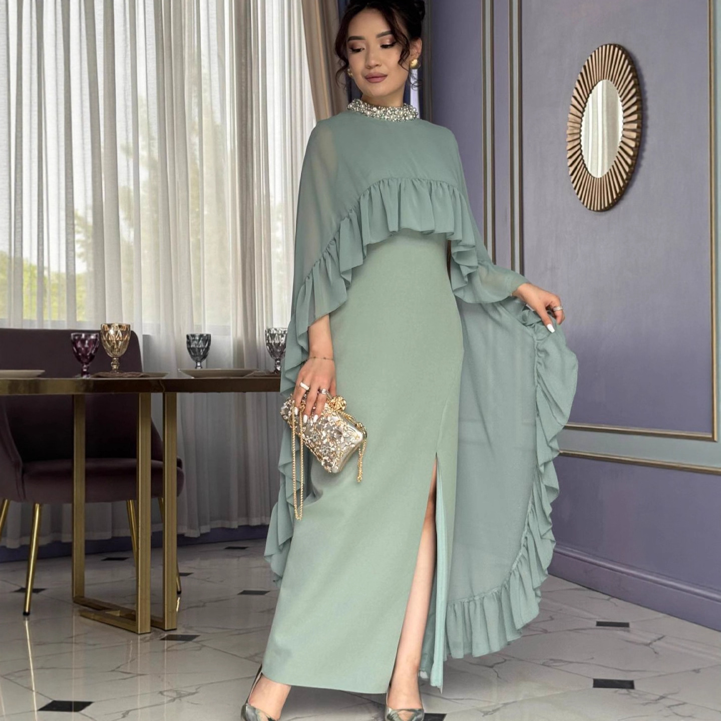 Two-piece Sleeveless Ruffled Beaded Dress Set - Image 4