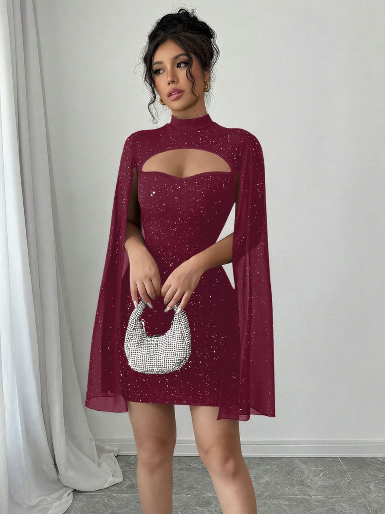 Round-neck Ribbed Pearl Chiffon Cape Bodycon Dress - Image 9