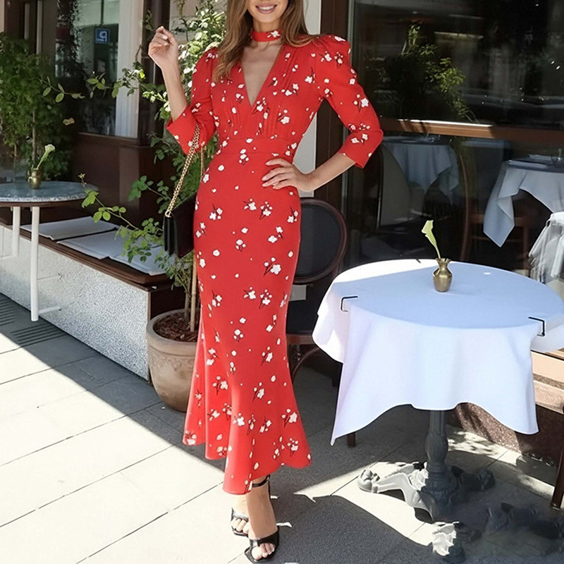 Womens Casual Slim-Fit Dress With European And American-Style Prints