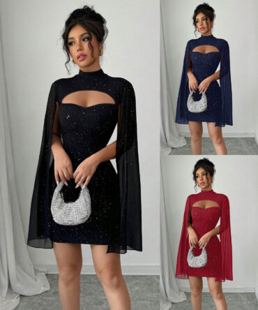 Round-neck Ribbed Pearl Chiffon Cape Bodycon Dress