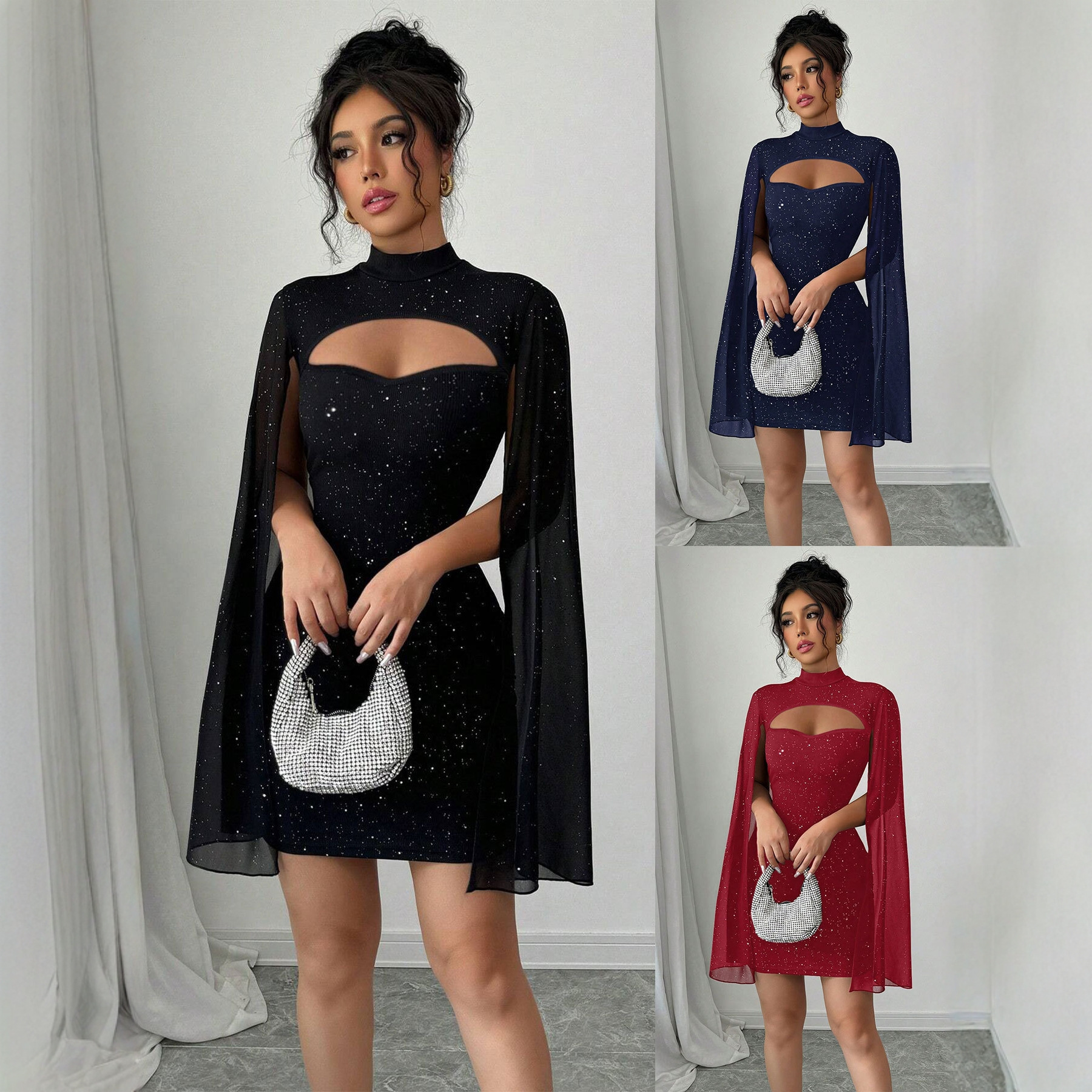 Round-neck Ribbed Pearl Chiffon Cape Bodycon Dress