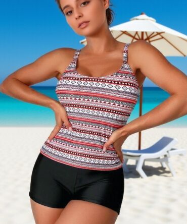 Womens Striped, Tummy-Hiding, Slimming Two-Piece Swimsuit