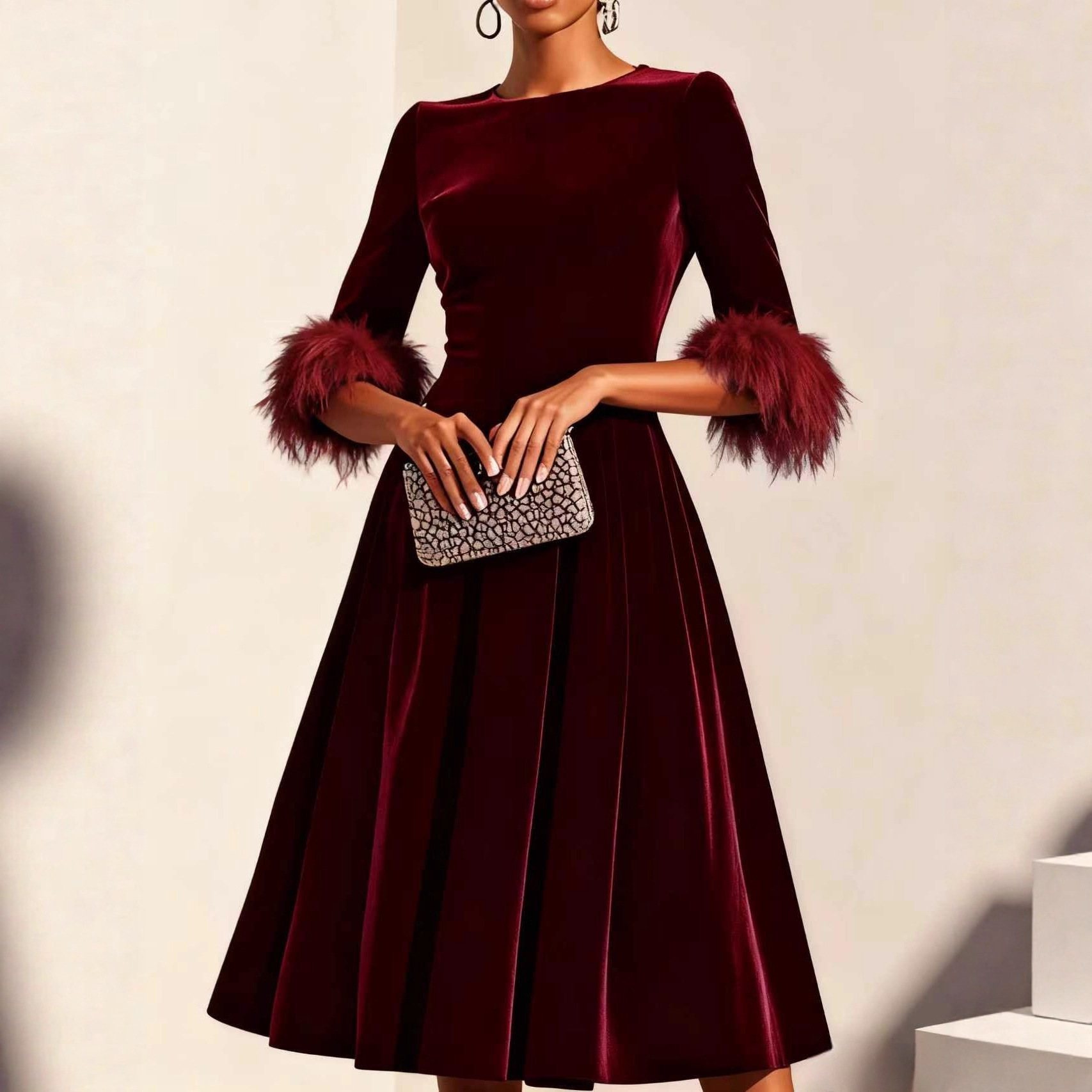 Elegant AutumnWinter Round-Neck Velvet Dress For Women