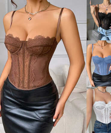 Women Tanks Lace Spaghetti Strap Top Summer Sleeveless Tops Open Back Bone Corset Bustier Sexy Slim Lingerie Bodyshaper Camisole