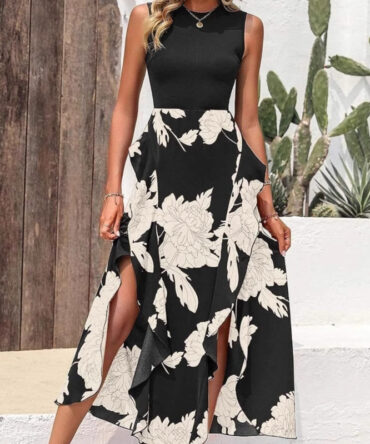 Floral Crew-neck Ruffled Sleeveless Dress