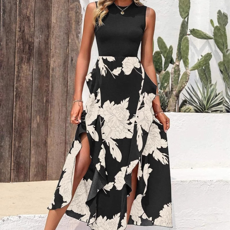 Floral Crew-neck Ruffled Sleeveless Dress