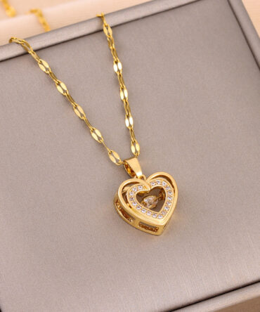 Double-layer Love Necklace With Rhinestones Titanium Steel Pendant Fashion Jewelry Woman Valentines Day Gift