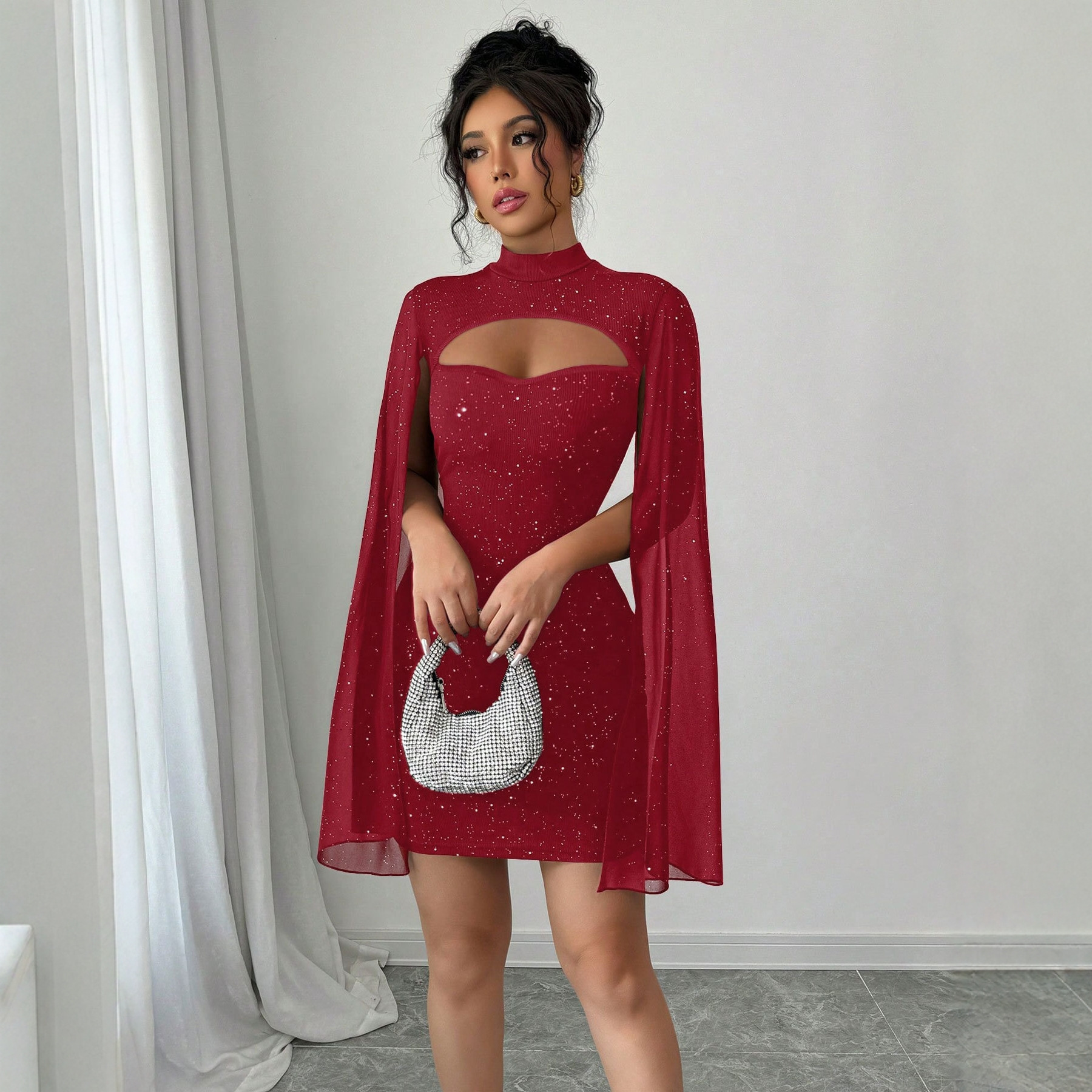 Round-neck Ribbed Pearl Chiffon Cape Bodycon Dress - Image 5