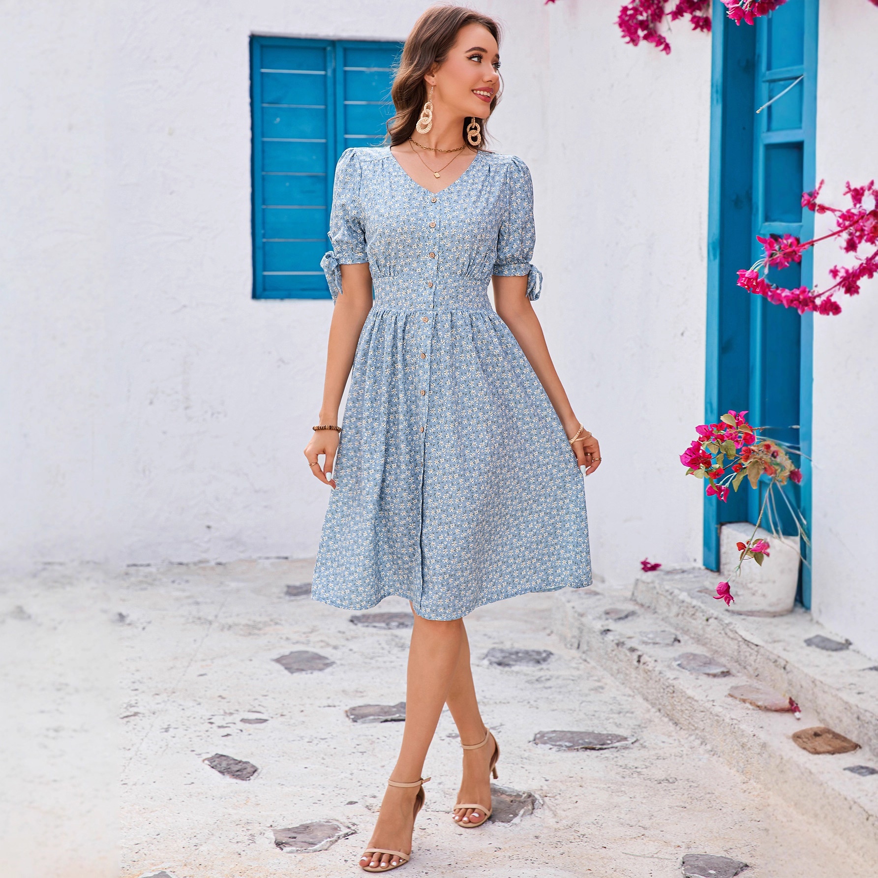 Floral V-neck Puff-Sleeve Bow-Trimmed Half-Buttoned Waist-Cinched Dress - Image 3