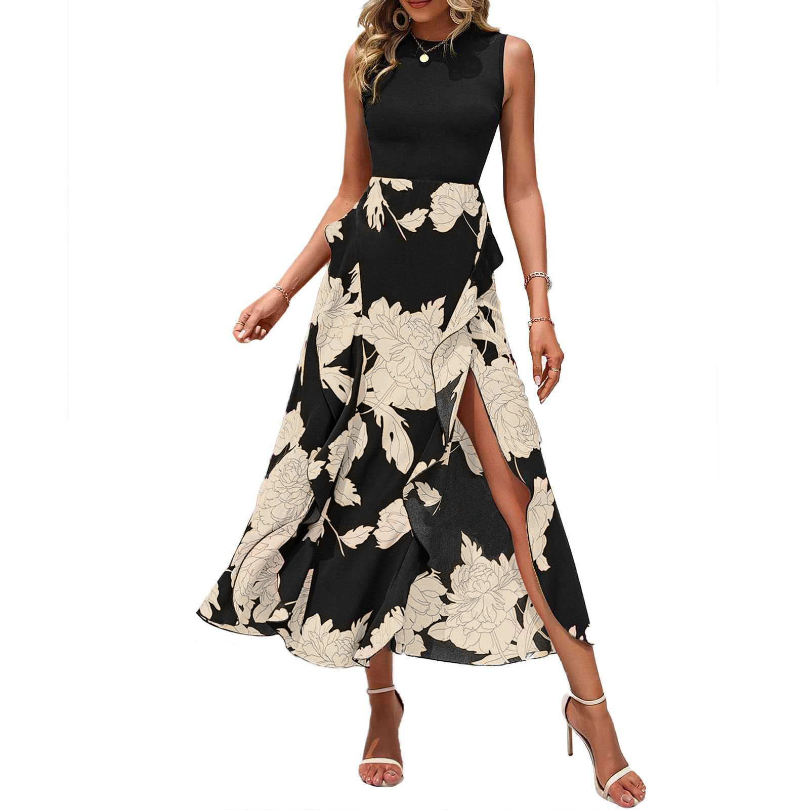 Floral Crew-neck Ruffled Sleeveless Dress - Image 2