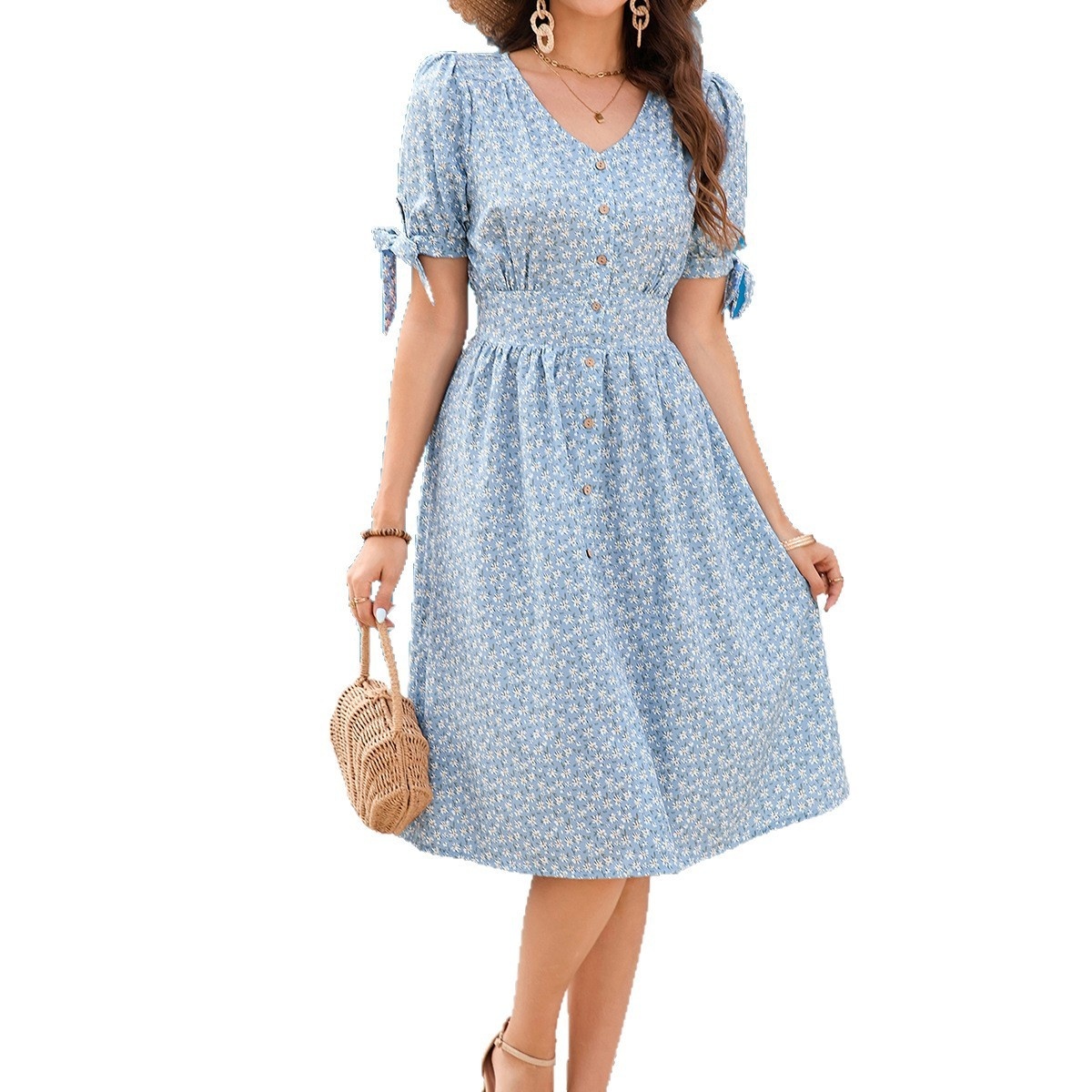 Floral V-neck Puff-Sleeve Bow-Trimmed Half-Buttoned Waist-Cinched Dress - Image 4