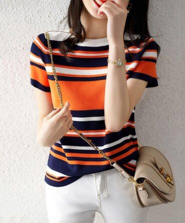 Color-block Crew-neck Knit Top Loose-fitting Sweater