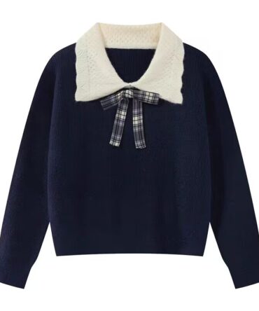 FallWinter Preppy-Style Color-Block All-Match Peter Pan Collar Sweater For Women