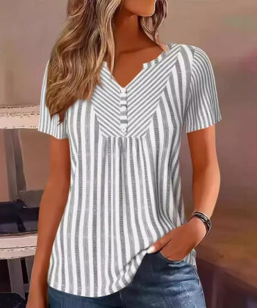 Womens V-neck Striped Patchwork Blouse