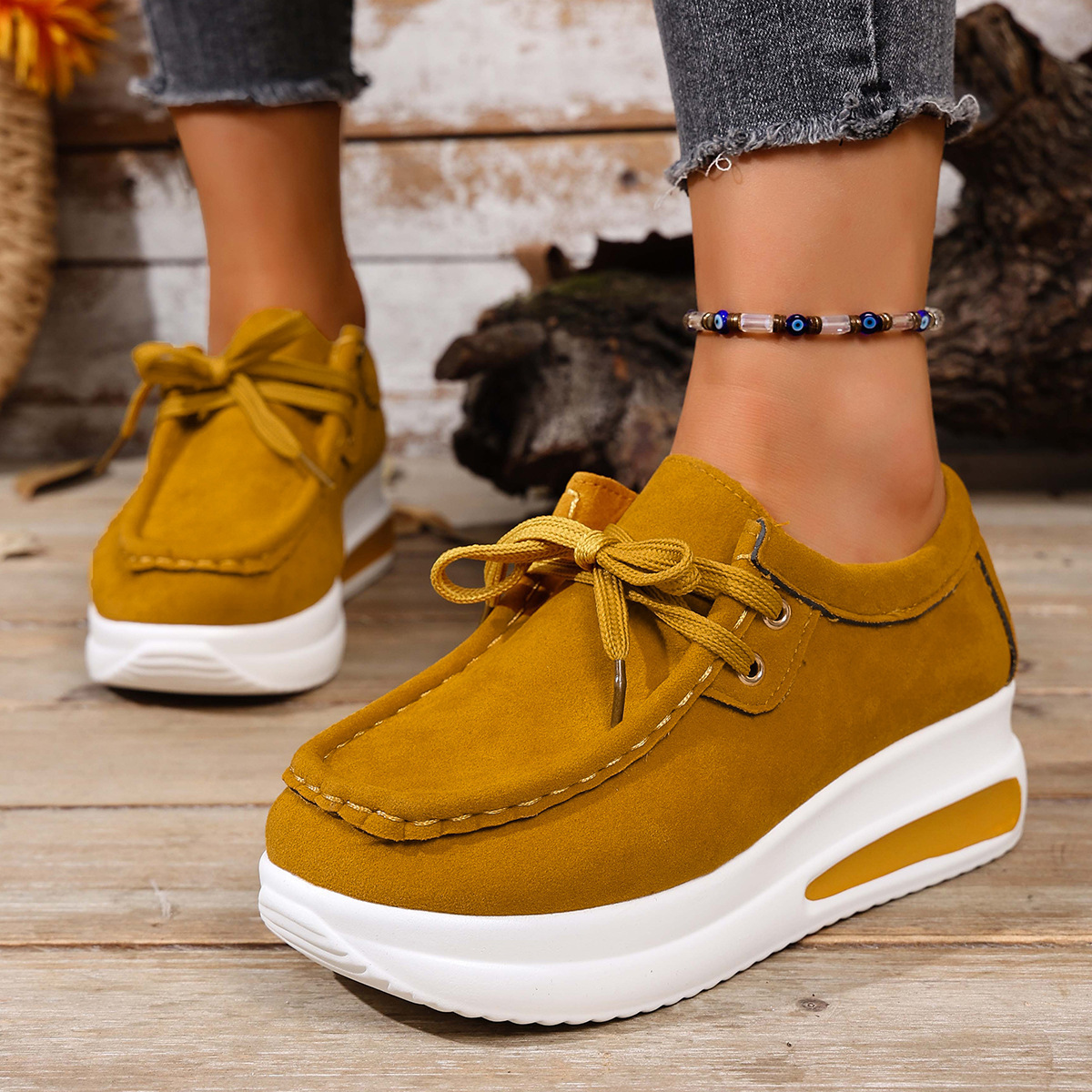 European And American-style Thick-soled Loafers With Front Laces And A Wedge Heelcasual Single-layer Shoes - Image 9