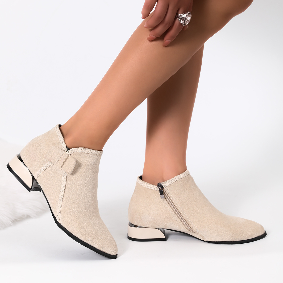 Bow-tie Pointed-toe Side-zip Womens Boots - Image 4