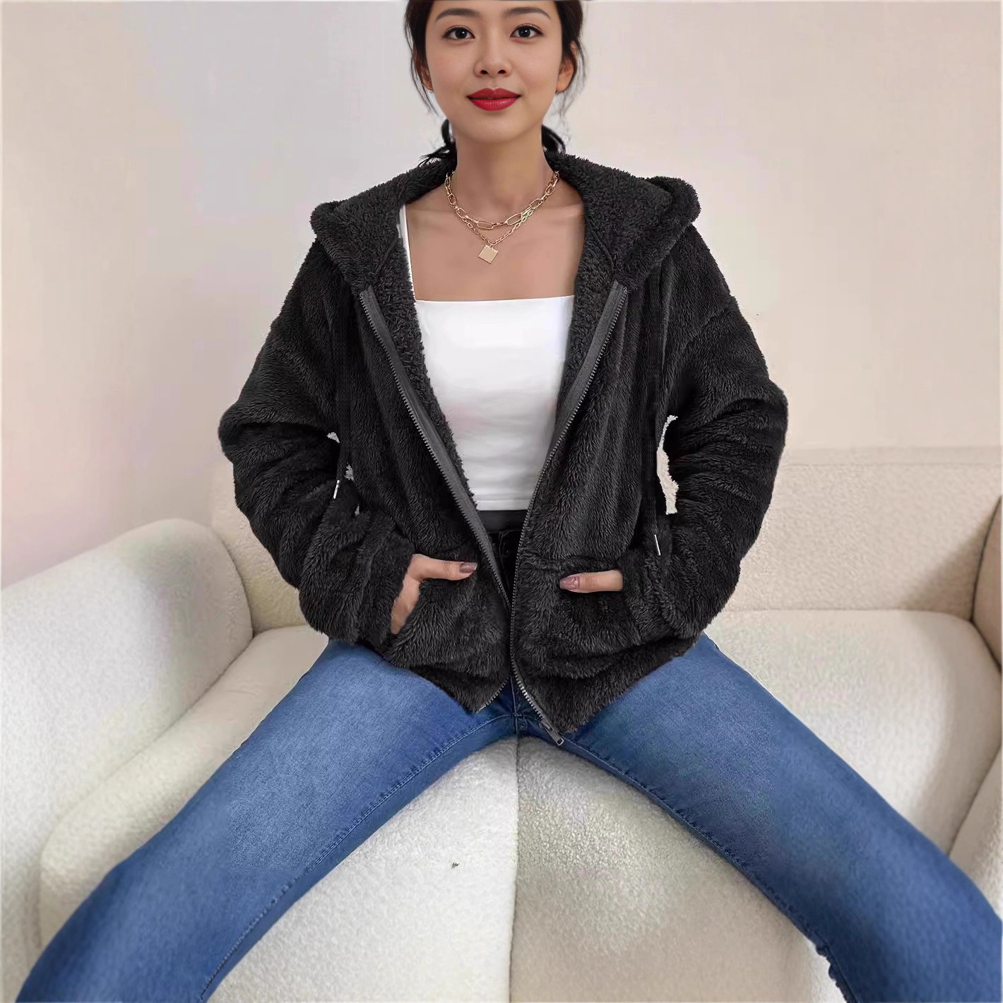 Casual Cozy Loose-fitting Hoodie With A Hood Zipper And Plush Pockets - Image 4