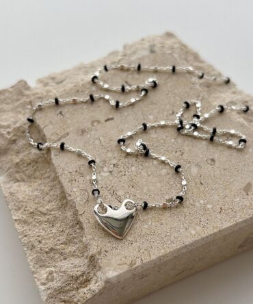 S925 Sterling Silver Necklace With Black Epoxy Heart And Cross Pendant