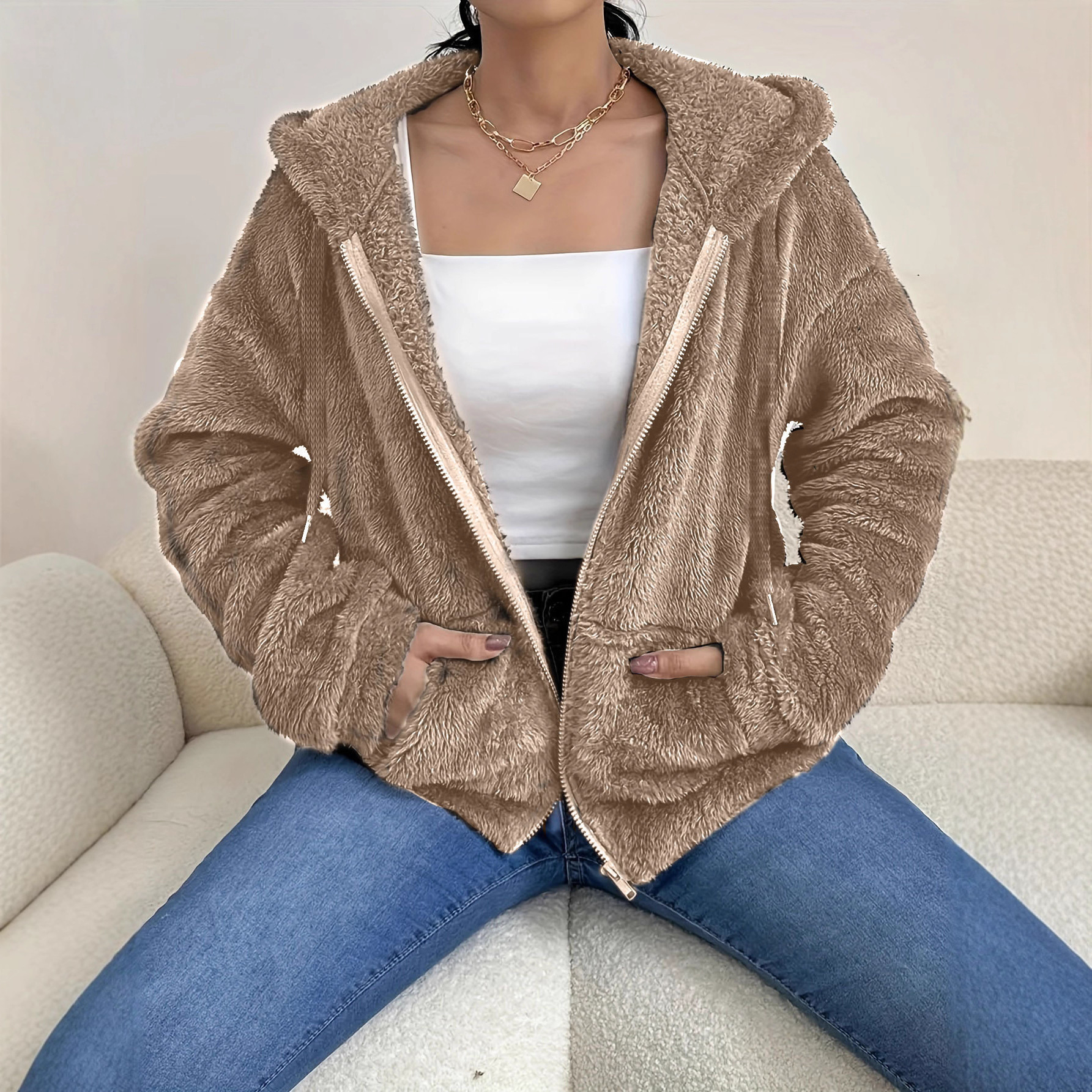 Casual Cozy Loose-fitting Hoodie With A Hood Zipper And Plush Pockets - Image 3