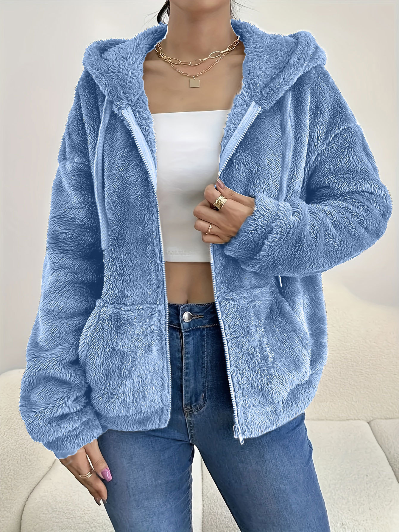 Casual Cozy Loose-fitting Hoodie With A Hood Zipper And Plush Pockets - Image 7