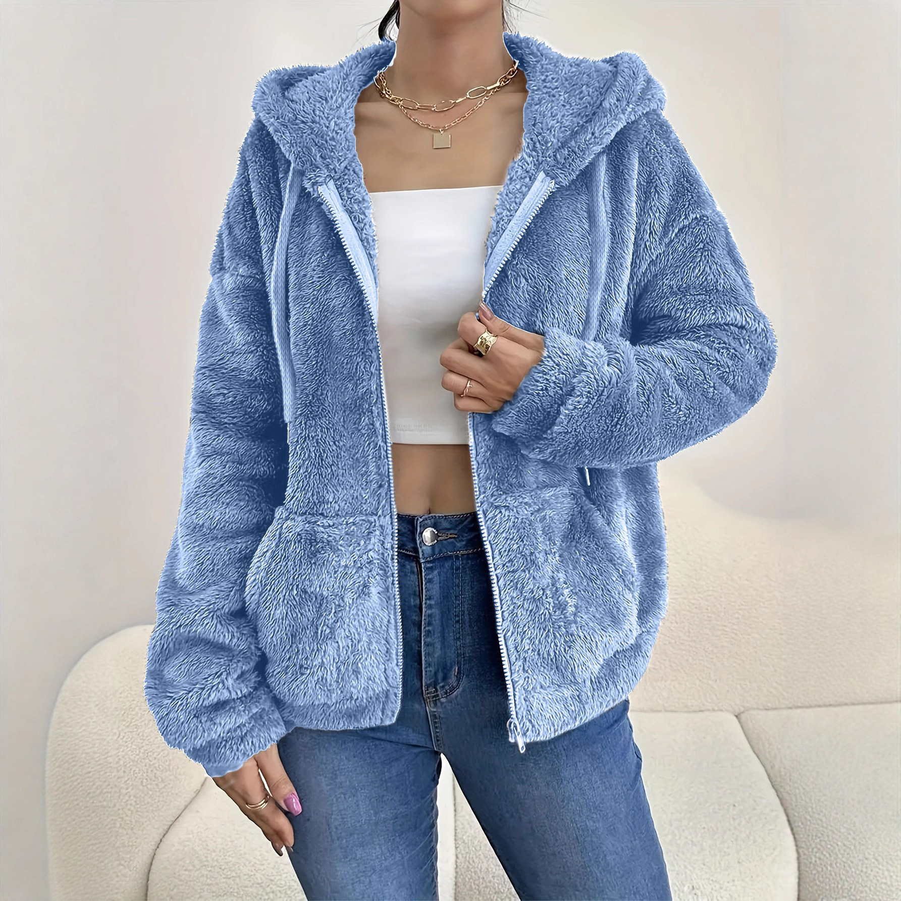 Casual Cozy Loose-fitting Hoodie With A Hood Zipper And Plush Pockets - Image 2