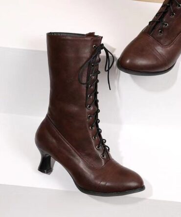 Cross-front Lace-up Low-heeled Womens Mid-calf Boots