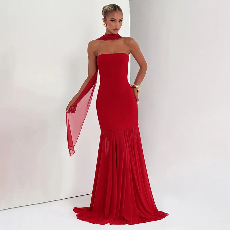 Red Strapless Hugging Mermaid Dress - Image 2