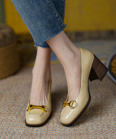 Womens Retro Square-Toe French-Style Chunky-Heel Pumps