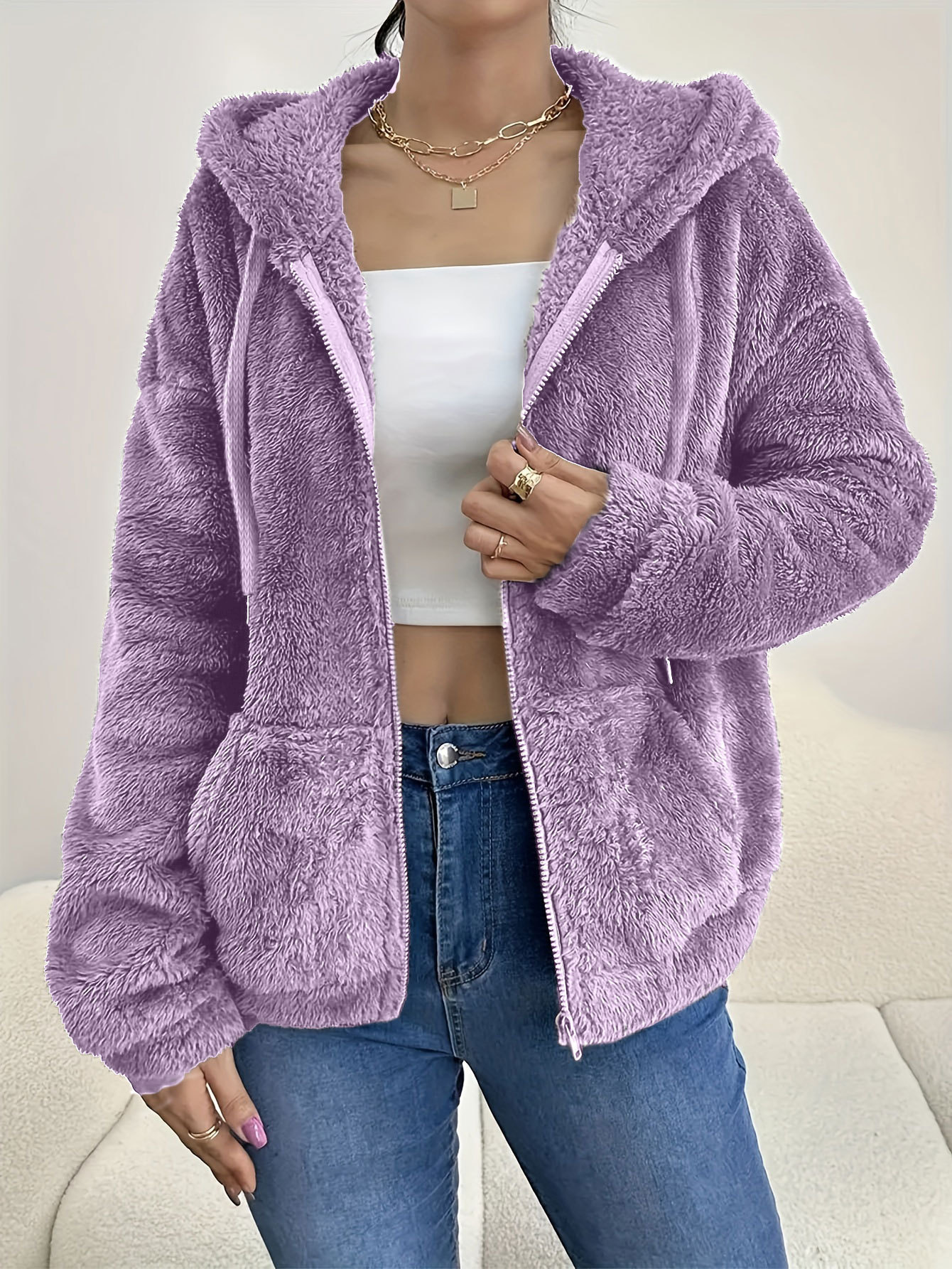 Casual Cozy Loose-fitting Hoodie With A Hood Zipper And Plush Pockets - Image 9