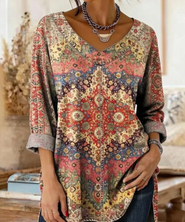 Retro Botanical Print Relaxed-fit Long-sleeve Casual Top