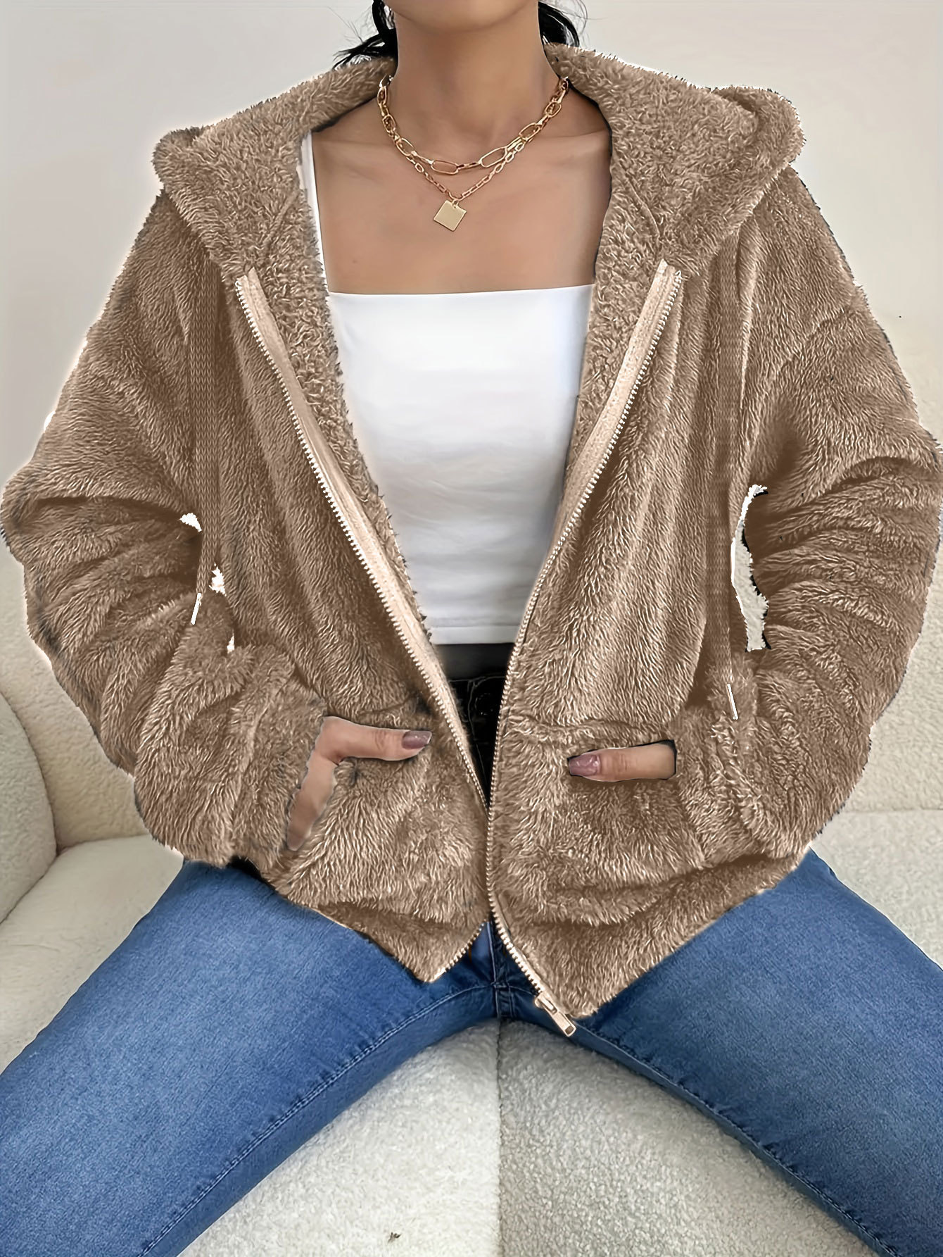 Casual Cozy Loose-fitting Hoodie With A Hood Zipper And Plush Pockets - Image 8