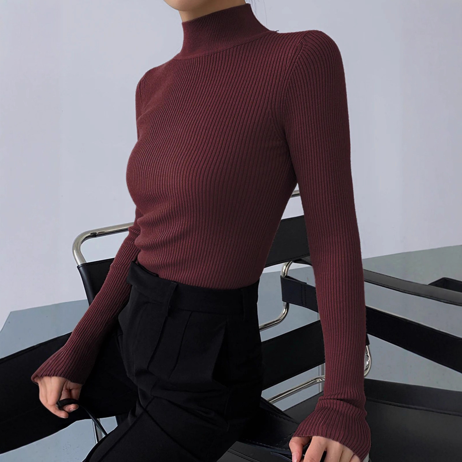 Womens Fashionable Tight-Fit Crew-Neck Knitted Top - Image 3