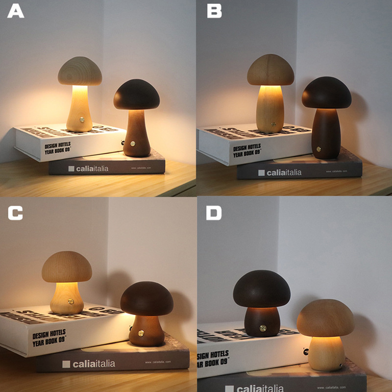 INS Wooden Cute Mushroom LED Night Light With Touch Switch Bedside Table Lamp For Bedroom Childrens Room Sleeping Night Lamps Home Decor - Image 4
